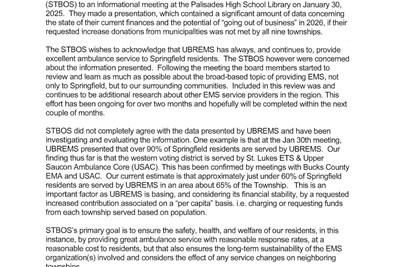 Statement From The Springfield Township Board of Supervisors Concerning Ambulance Service For The Township