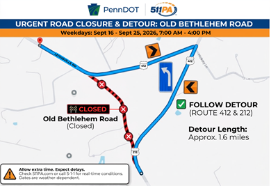 TEMPORARY WEEKDAY CLOSURE AND DETOUR ON OLD BETHLEHEM ROAD BEGINNING SEPTEMBER 16